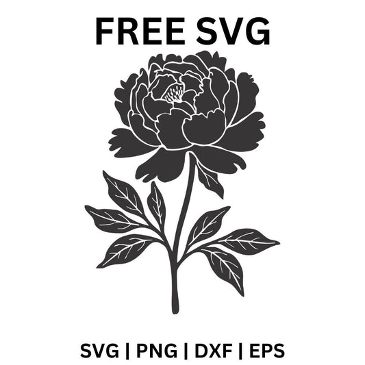 Dark gray peony bloom with white petal detail lines on a single stem with veined leaves, free peony SVG cut file preview.