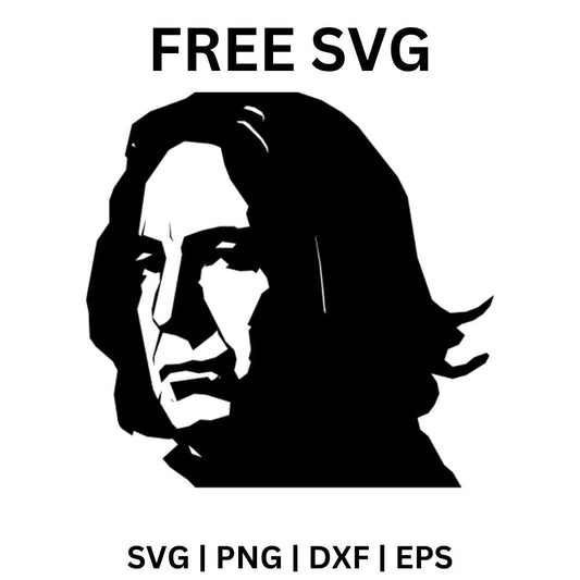 Black and white three quarter view portrait of a serious man with long flowing dark hair and deep shadows, free dark wizard face SVG cut file preview.