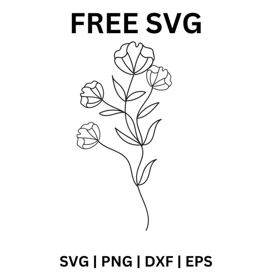 Thin black line art flower stem with four small blooms and slender leaves branching off, free floral stem SVG cut file preview.