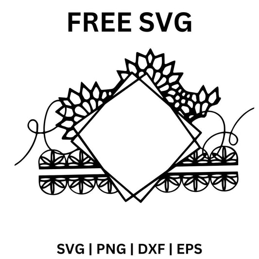 Diamond shaped frame resting on a lace mandala border with sunflowers, leaves and swirling vines around it, free floral lace frame SVG cut file preview.