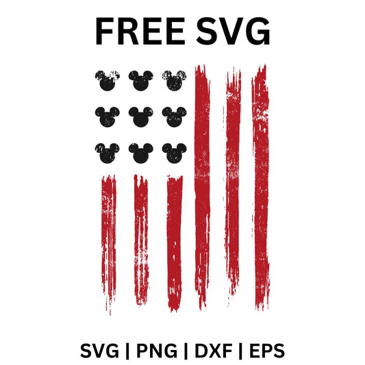 Distressed vertical American flag with red brush stripes and a star field made of black round eared head shapes, free distressed flag SVG cut file preview.