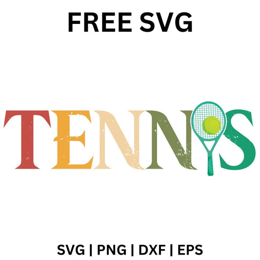 Distressed multicolor TENNIS word with the last letter formed by a teal racket holding a yellow ball, free tennis lettering SVG cut file preview.