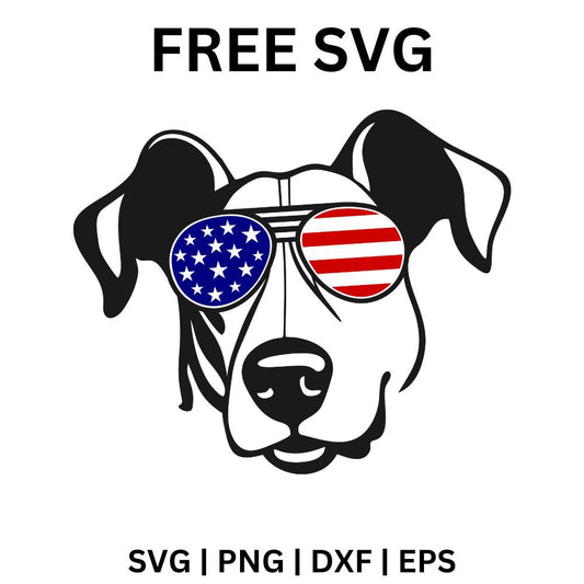 Black and white dog face wearing aviator sunglasses with stars and stripes lenses, free patriotic dog SVG cut file preview.