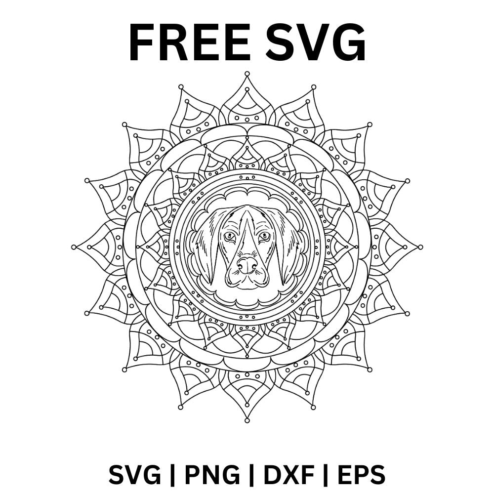 Black line art round mandala with layered pointed petals and a dog face in the center circle, free dog mandala SVG cut file preview.