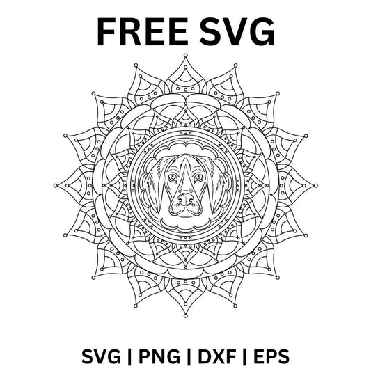 Black line art round mandala with layered pointed petals and a dog face in the center circle, free dog mandala SVG cut file preview.