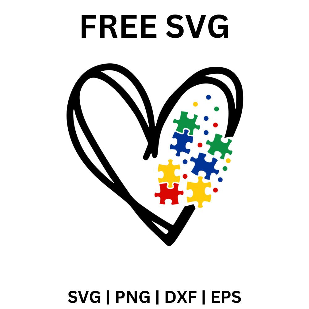 Black sketchy doodle heart outline with red, yellow, blue and green puzzle pieces and dots filling one side, free autism awareness heart SVG cut file preview.