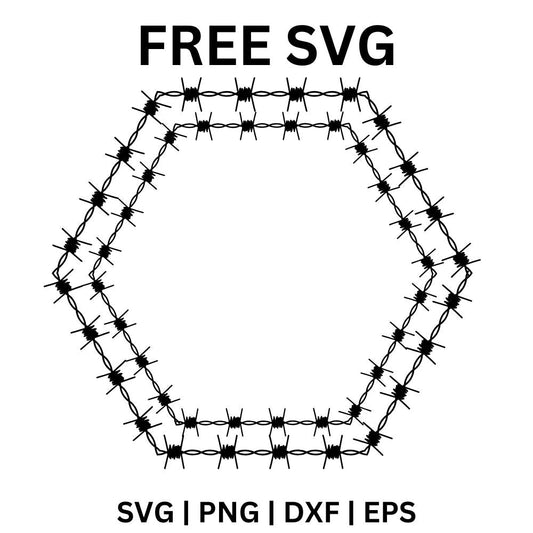 Double hexagon border made of twisted barbed wire strands with spiky barbs along every edge, free barbed wire frame SVG cut file preview.