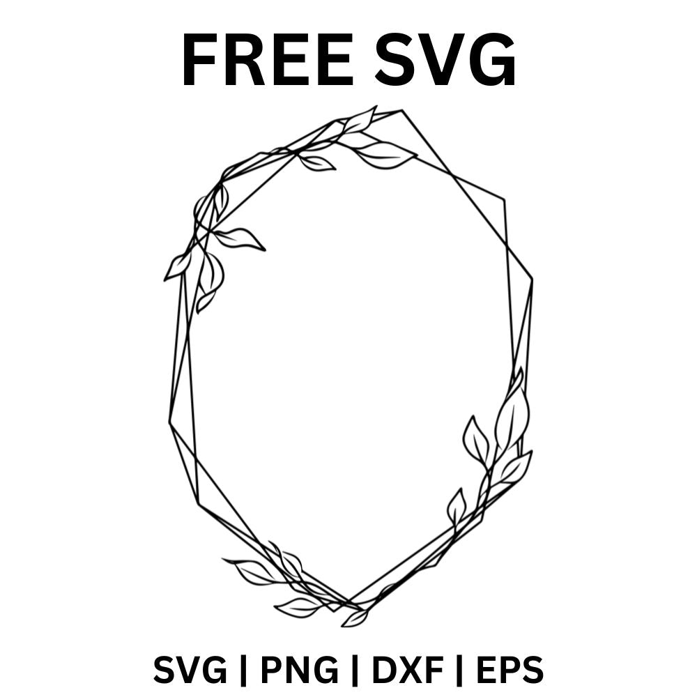 Thin double line geometric hexagon frame with delicate leafy branches climbing the top and bottom corners, free geometric frame SVG cut file preview.