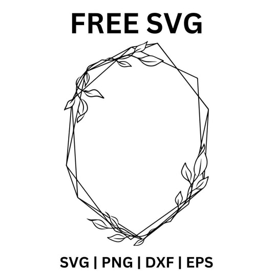 Thin double line geometric hexagon frame with delicate leafy branches climbing the top and bottom corners, free geometric frame SVG cut file preview.