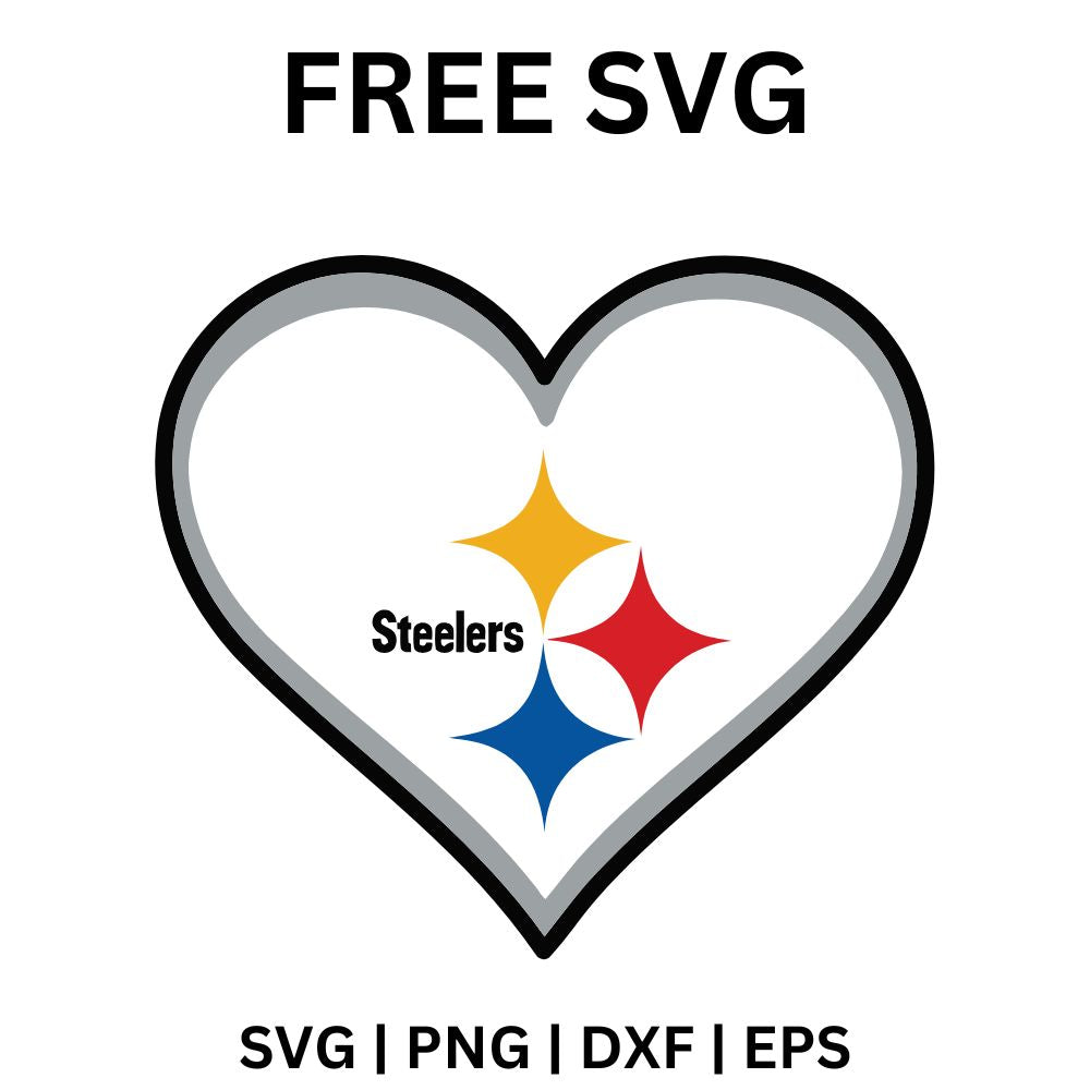 Black and gray double outline heart holding team text and yellow, red and blue four point star shapes, free football heart SVG cut file preview.