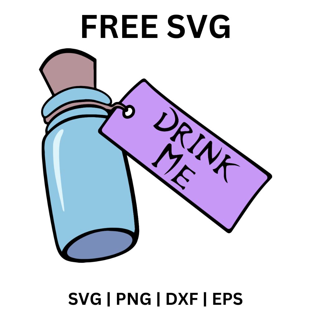 Light blue potion bottle with a cork stopper and a purple tag reading Drink Me, free potion bottle SVG cut file preview.