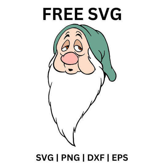 Drowsy cartoon dwarf head with heavy eyelids, a droopy green cap and a long flowing white beard, free cartoon dwarf SVG cut file preview.