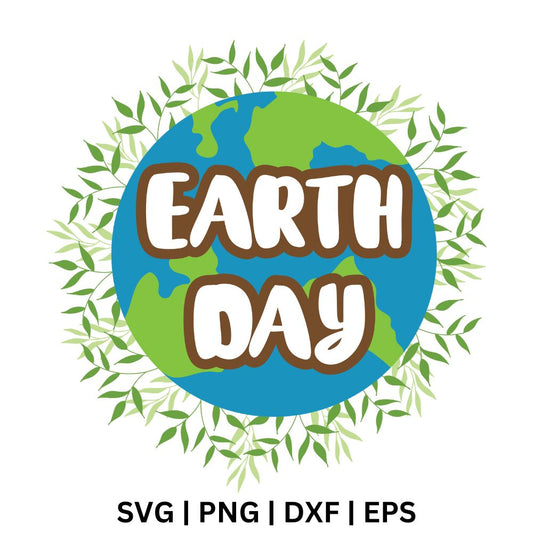 White Earth Day letters with a brown outline over a blue and green Earth globe surrounded by a wreath of green leaves, free Earth Day globe wreath SVG cut file preview.