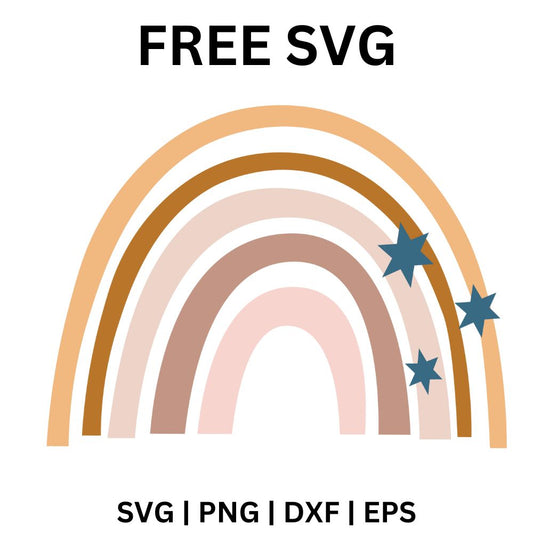 Earthy boho rainbow in peach, caramel, blush and terracotta bands with three navy blue stars on the right side, free boho star rainbow SVG cut file preview.