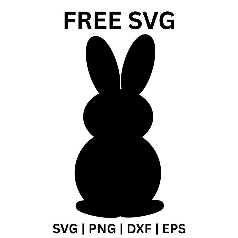Black Easter bunny silhouette seen from behind with two tall upright ears, a round head on a plump round body and a small tail, free Easter bunny SVG cut file preview.