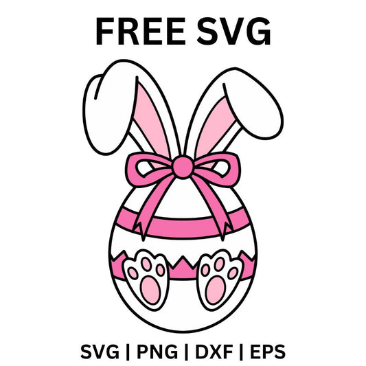 White egg with floppy bunny ears, a pink ribbon bow, pink zigzag stripes and bunny feet with pink paw pads, free bunny ears Easter egg SVG cut file preview.