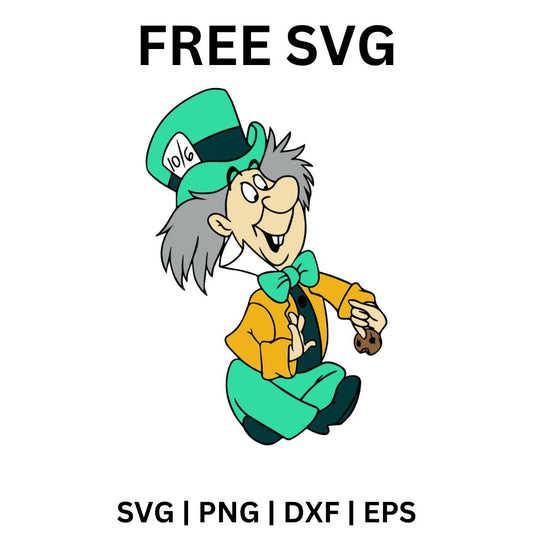 Eccentric cartoon hatter with messy gray hair in a tall green top hat and mustard jacket grinning while holding a cookie, free tea party hatter SVG cut file preview.