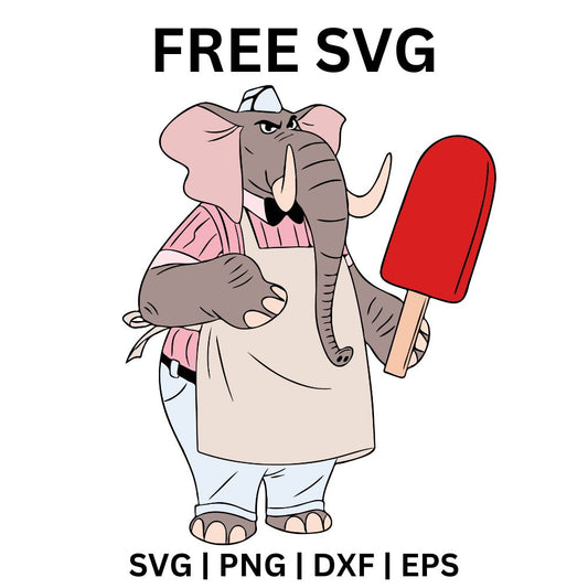 Cartoon elephant vendor in a pink shirt and apron holding up a giant red popsicle, free summer elephant SVG cut file preview.
