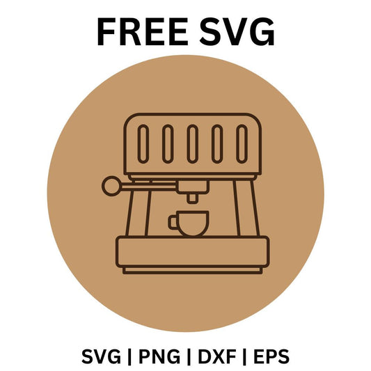 Dark brown line icon of an espresso machine with a steam wand and small cup inside a tan circle, free espresso machine SVG cut file preview.