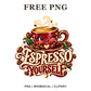 Winking red espresso cup with hearts and coffee beans above Espresso Yourself retro lettering, free funny coffee PNG