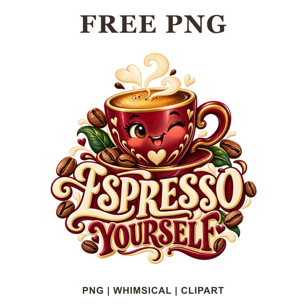 Winking red espresso cup with hearts and coffee beans above Espresso Yourself retro lettering, free funny coffee PNG