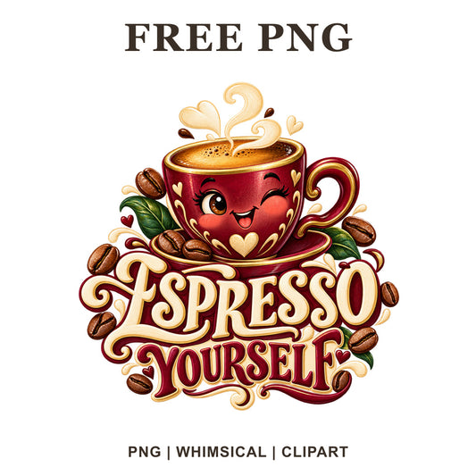 Winking red espresso cup with hearts and coffee beans above Espresso Yourself retro lettering, free funny coffee PNG
