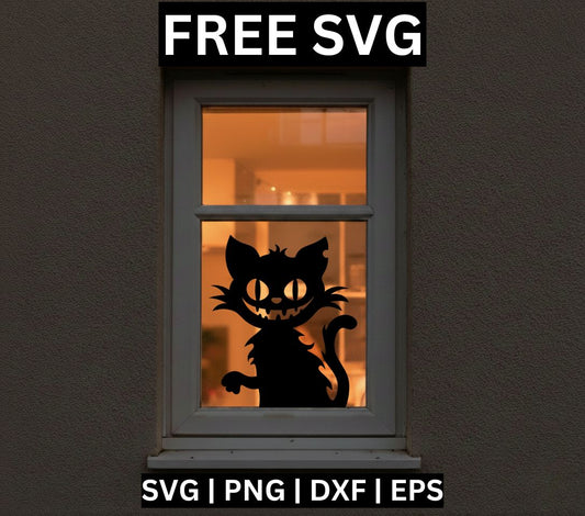 Black evil cat silhouette with glowing eyes and a wide toothy grin peeking up with one paw raised, shown as a window cling on a warmly lit window, free Halloween window decoration SVG cut file preview.