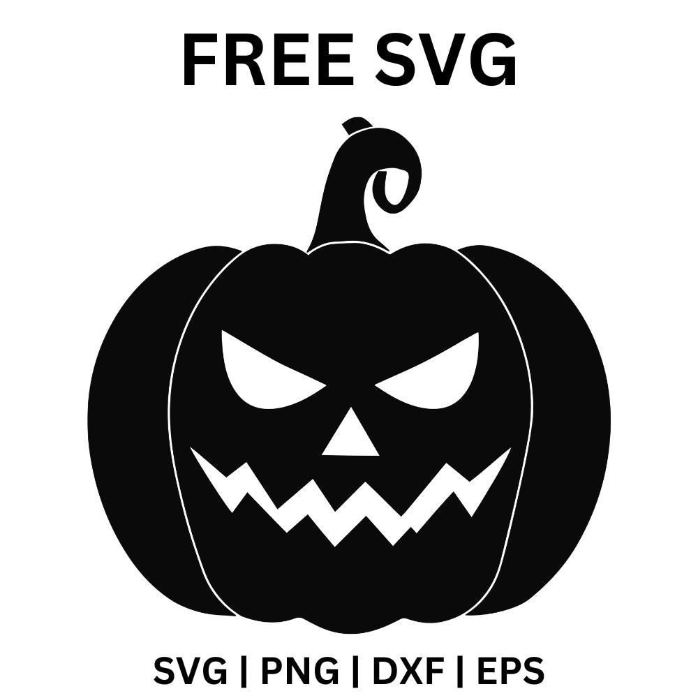 Black evil jack o lantern with a curled stem, angry slanted white eyes, a triangle nose and a wide zigzag toothy grin, free Halloween pumpkin face SVG cut file preview.