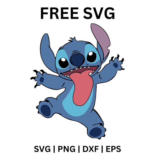 Excited blue alien creature leaping with arms spread wide and a long pink tongue hanging out, free excited blue alien SVG cut file preview.