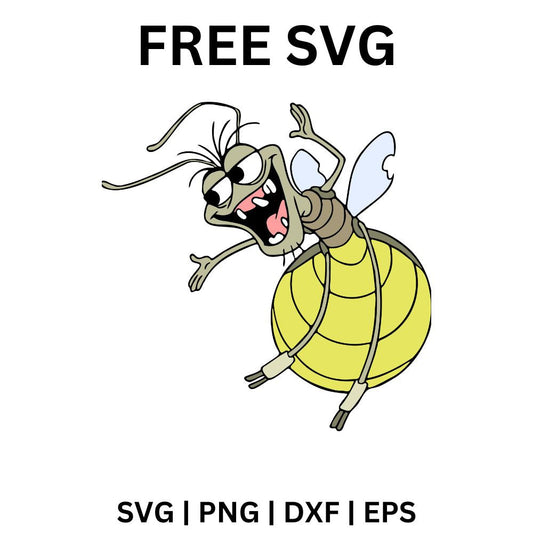 Excited cartoon firefly flying with a big toothy grin, buzzing wings and a round glowing yellow tail, free firefly SVG cut file preview.