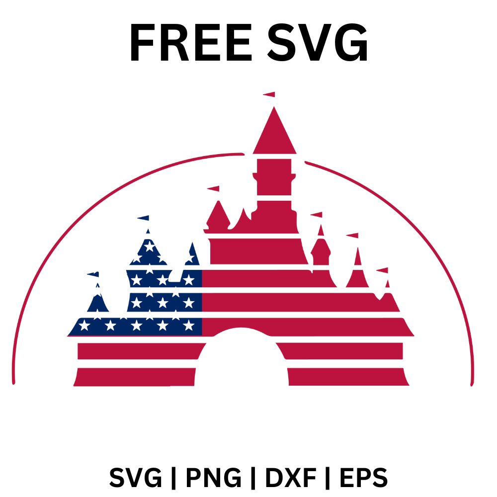 Fairytale castle silhouette under a curved arch filled with red and white stripes and blue stars, free patriotic castle SVG cut file preview.