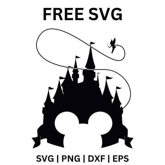 Black fairytale castle silhouette with a mouse ears cutout at the base and a flying fairy trailing a looping swirl around the towers, free castle SVG cut file preview.