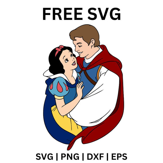 Fairytale prince in a red cape tenderly embracing a princess with a black bob and red bow, free fairytale couple SVG cut file preview.