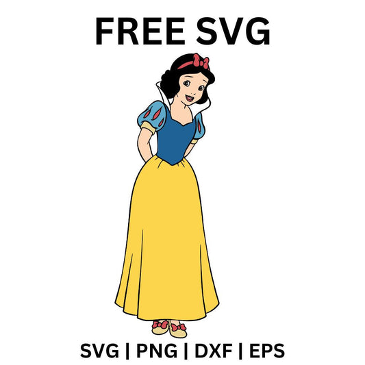 Smiling fairytale princess with a short black bob and red bow in a blue bodice and long yellow gown, free fairytale princess SVG cut file preview.