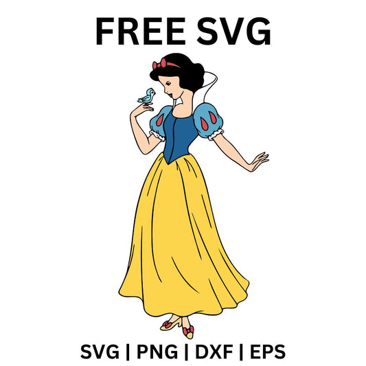Graceful fairytale princess with a black bob and red bow holding a little bluebird on her hand in a flowing yellow skirt, free fairytale princess SVG cut file preview.