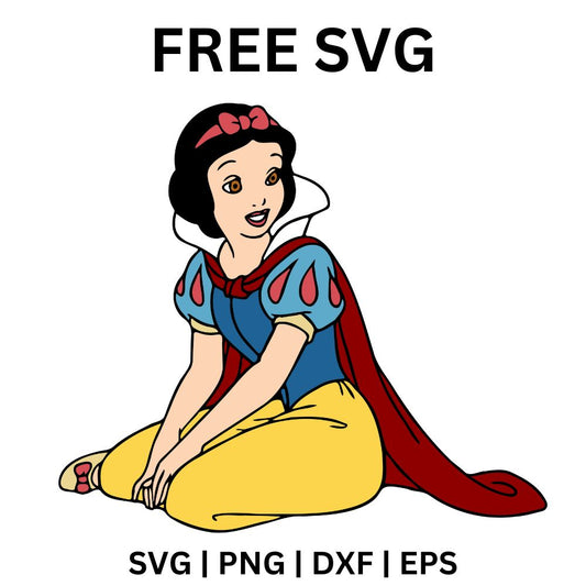 Sweet fairytale princess with a black bob and red bow kneeling on the ground in a yellow skirt with a flowing red cape, free fairytale princess SVG cut file preview.