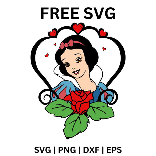 Fairytale princess portrait with a black bob and red bow inside an ornate black heart frame with red roses below, free princess heart SVG cut file preview.