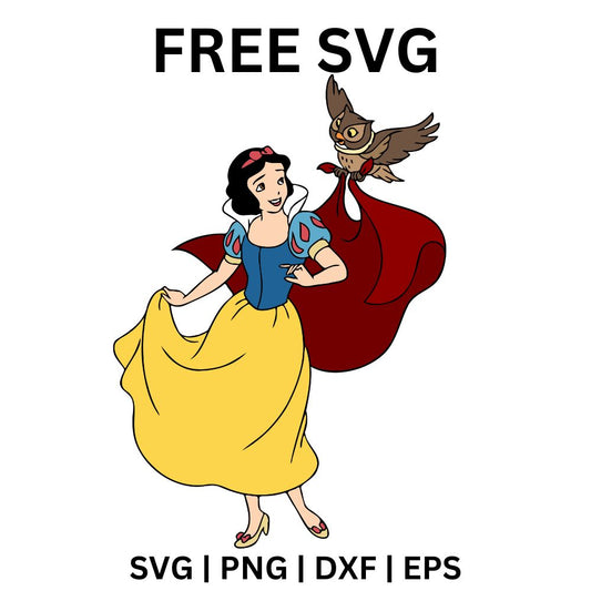 Fairytale princess with a black bob in a yellow skirt and swirling red cape with a little brown owl perched on her hand, free fairytale princess SVG cut file preview.