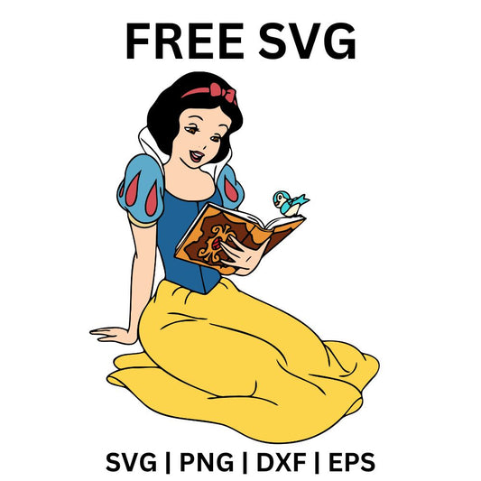 Fairytale princess with a black bob and red bow sitting in a wide yellow skirt reading an open brown storybook, free fairytale princess SVG cut file preview.
