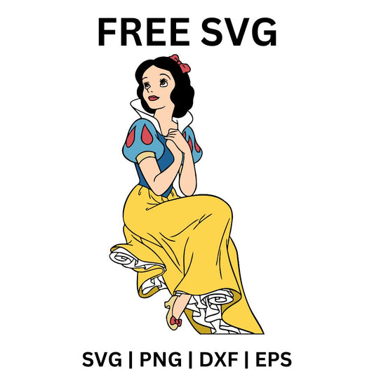 Fairytale princess with a black bob and red bow sitting gracefully in a blue and yellow gown with puffed sleeves, free fairytale princess SVG cut file preview.