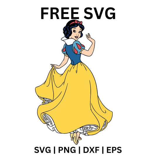 Happy fairytale princess with a black bob and red bow twirling in a wide flowing yellow skirt and blue bodice, free fairytale princess SVG cut file preview.
