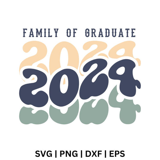 Navy Family of Graduate text above stacked retro wavy 2024 numbers in navy, peach and sage green, free family of graduate 2024 SVG cut file preview.