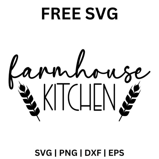 Black farmhouse script above thin capital KITCHEN lettering flanked by two wheat stalks, free farmhouse kitchen SVG cut file preview.