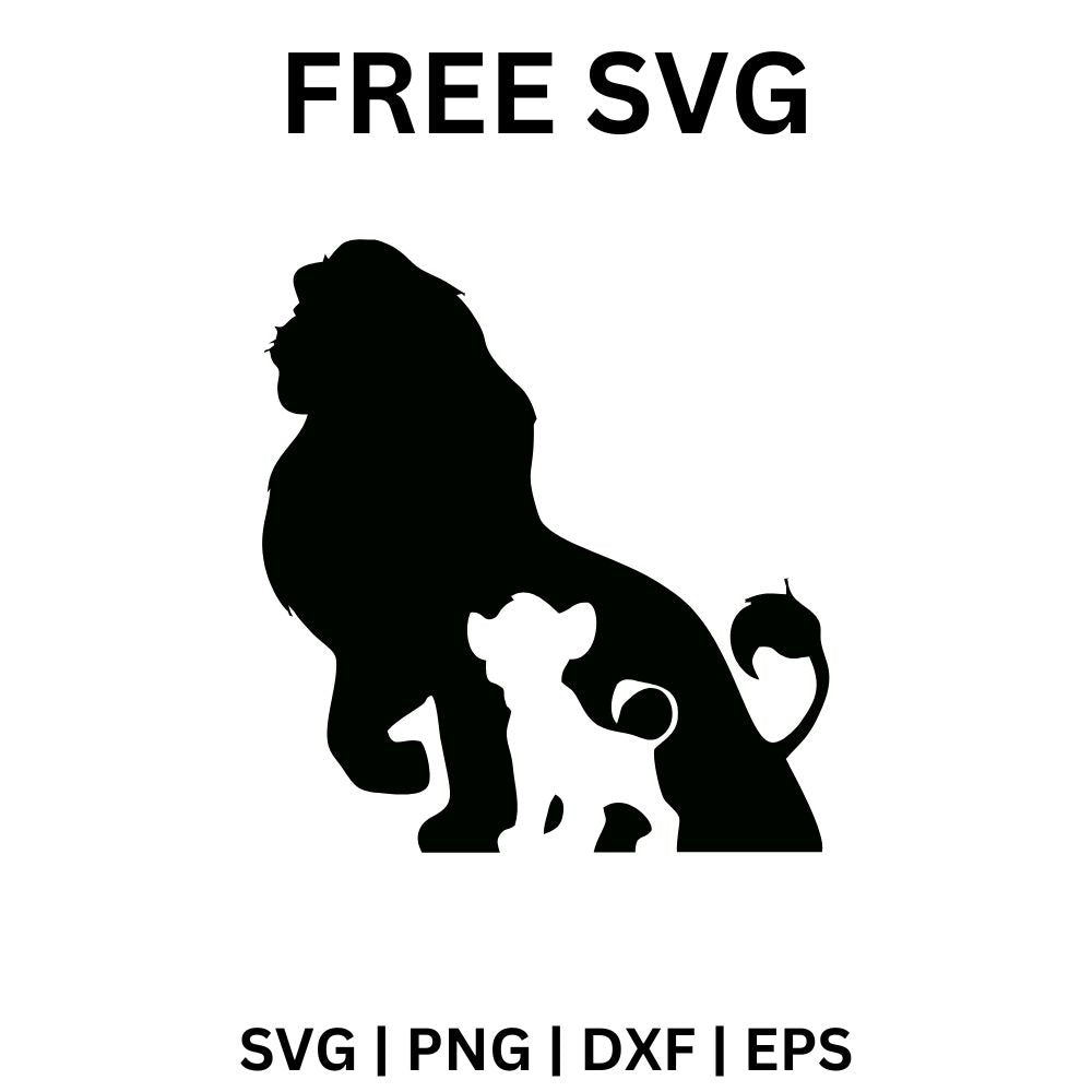 Black silhouette of a proud male lion with a lion cub cut out in negative space at his feet, free father and son lion SVG cut file preview.