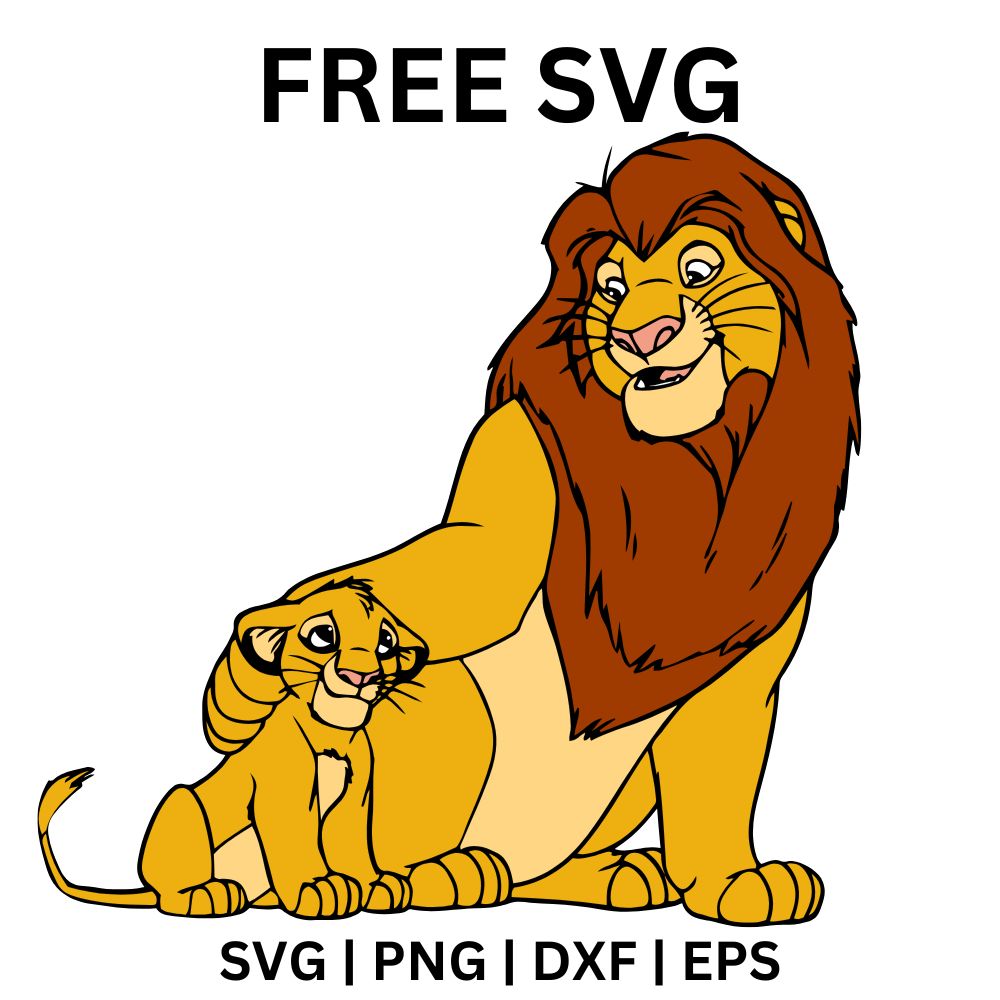 Large maned father lion smiling down at a small golden lion cub sitting proudly at his side, free father and cub lion SVG cut file preview.