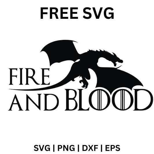 Black serif Fire and Blood lettering with a black flying dragon silhouette spreading its wings above the words, free fire and blood dragon SVG cut file preview.