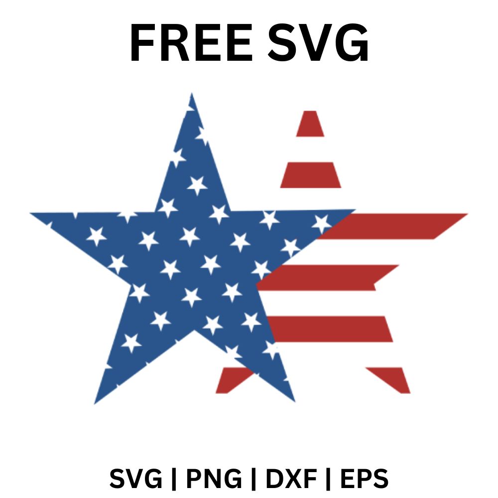 Five point star filled with an American flag pattern, navy starred left half and red and white stripes on the right, free patriotic star SVG cut file preview.