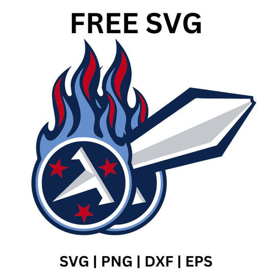 Navy circle with a white T and blue flames on top, pierced by a silver sword, with three white stars in a red circle below, free flaming sword emblem SVG cut file preview.