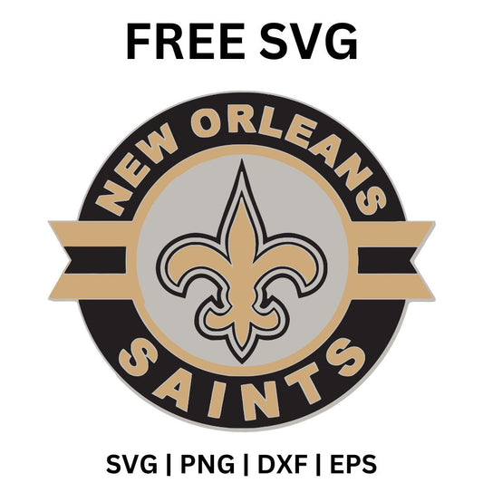 Black fleur de lis on a gray circle with a black ring, gold side banner stripes and arched gold lettering, free fleur de lis banner badge SVG cut file preview.