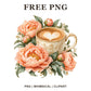 Cream and gold coffee cup with heart latte art surrounded by peach peonies and green leaves, free floral latte PNG